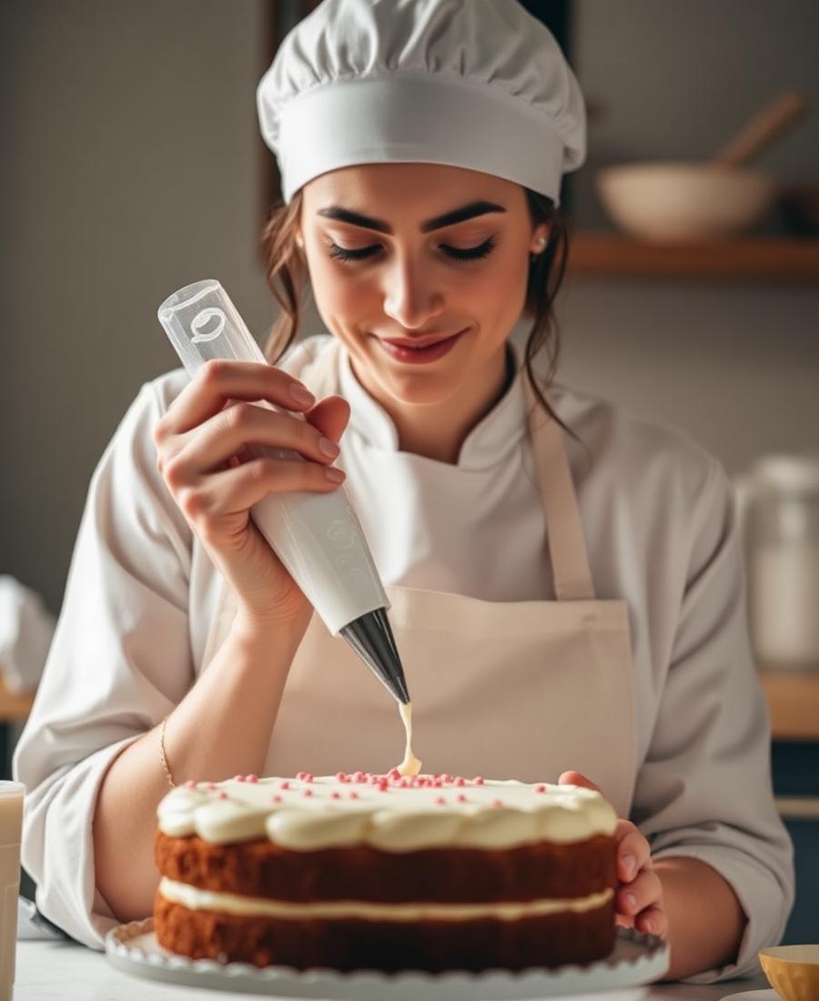 Baker decorating a cake